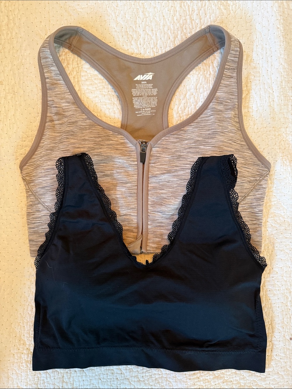 Taupe Zip-Front Racerback Sports Bra and Black Lace Bralette set of 2